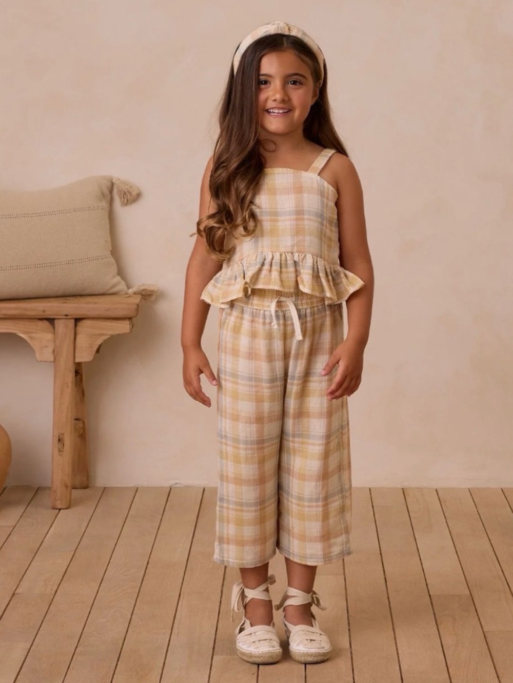 Rylee + Cru Girls Plaid Matching Set in Beige and Cream
